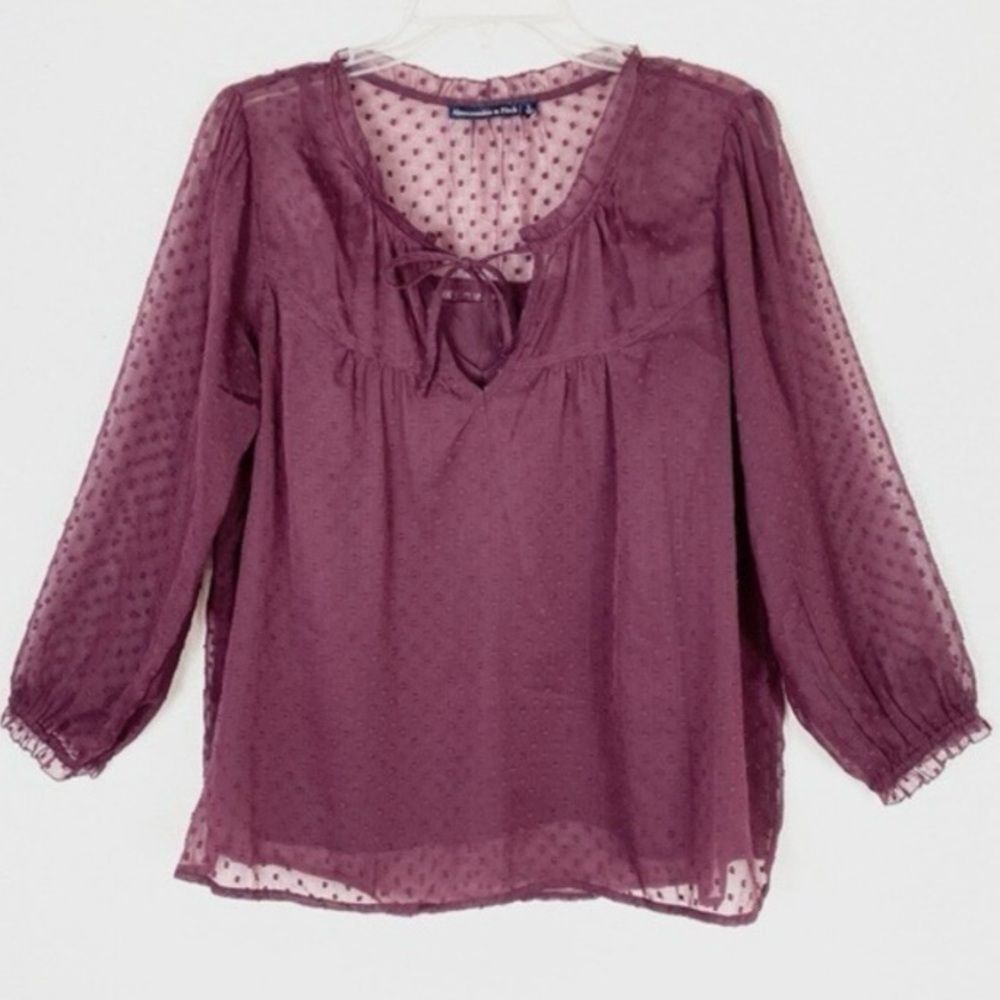 Abercrombie Burgundy Dotted Ruffle Tie Neck Long Sleeve Blouse